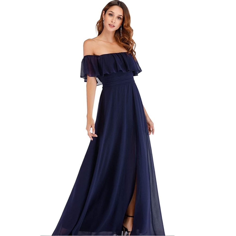 Off the shoulder ruffle, maxi dress. Ever-pretty navy blue maxi